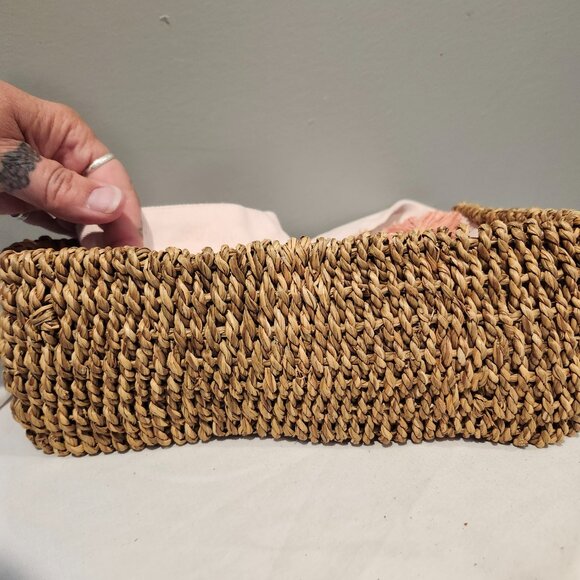 Vintage Purse Woven Rattan Sides Bottom Rattan Straw Flowers Pink Cotton... - Picture 4 of 6